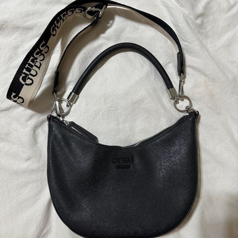 Guess Los Angeles Black Saffiano Hobo Crossbody Shoulder Bag Branded Strap